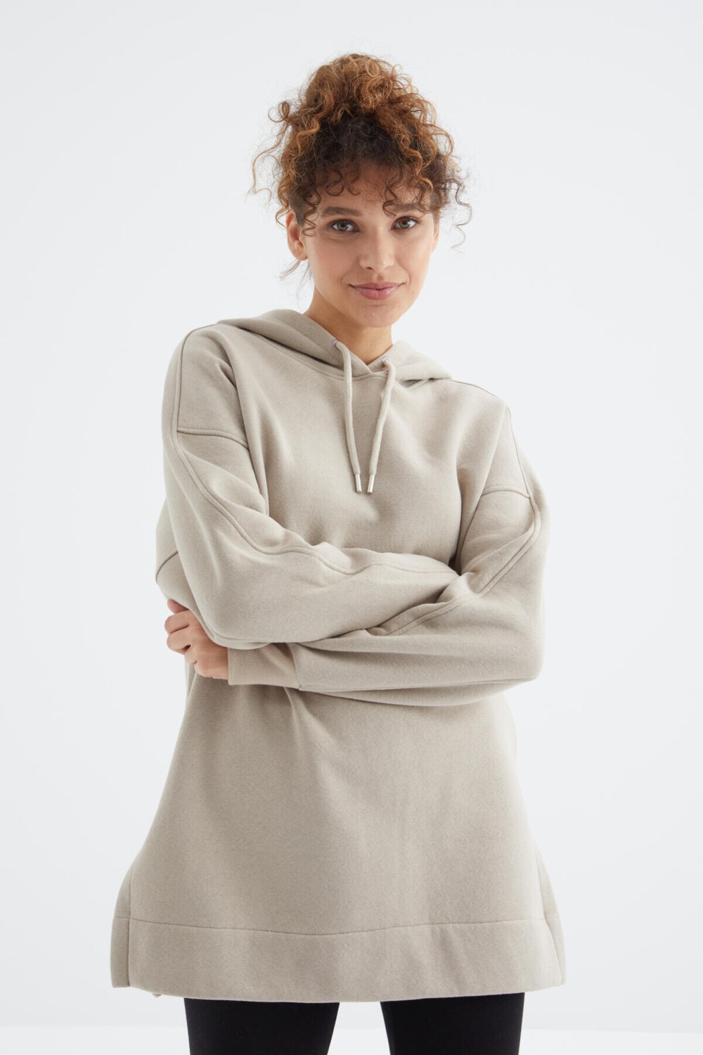 Tommy Life Ekru Reglan Kol Basic Kapüşonlu Oversize Sweatshirt Tunik - 97242