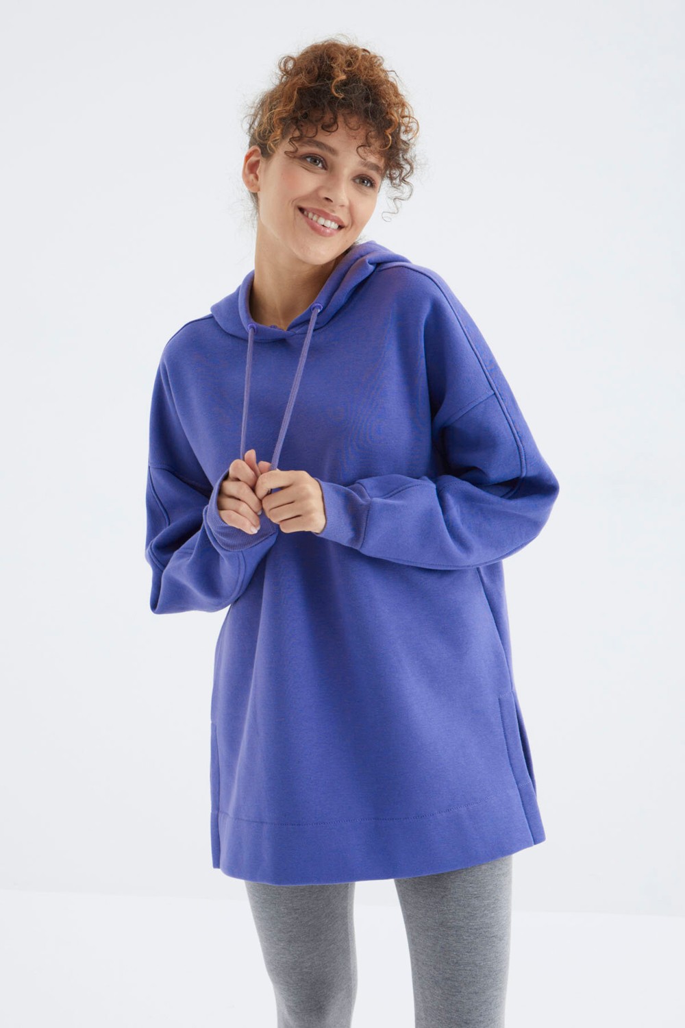 Tommy Life Ekru Reglan Kol Basic Kapüşonlu Oversize Sweatshirt Tunik - 97242