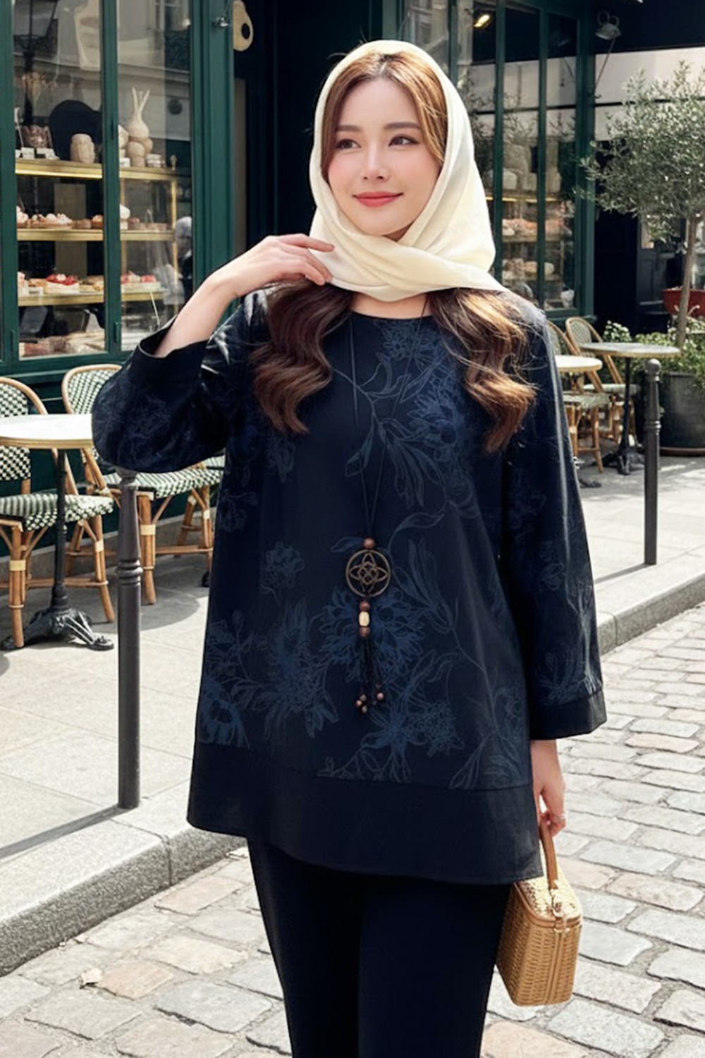 Lale Butik Kolye Detaylı Desenli Bluz 31532 Lacivert görsel 2