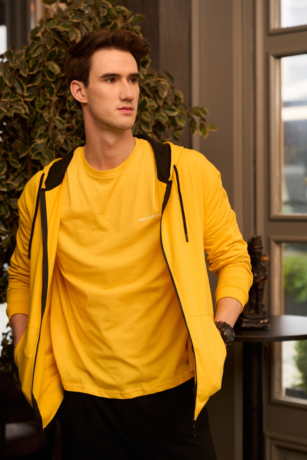 Defy's Arda Erkek %100 Pamuk 2 İplik Şardonsuz Oversize Kapüşonlu Fermuarlı Siyah Sweatshirt