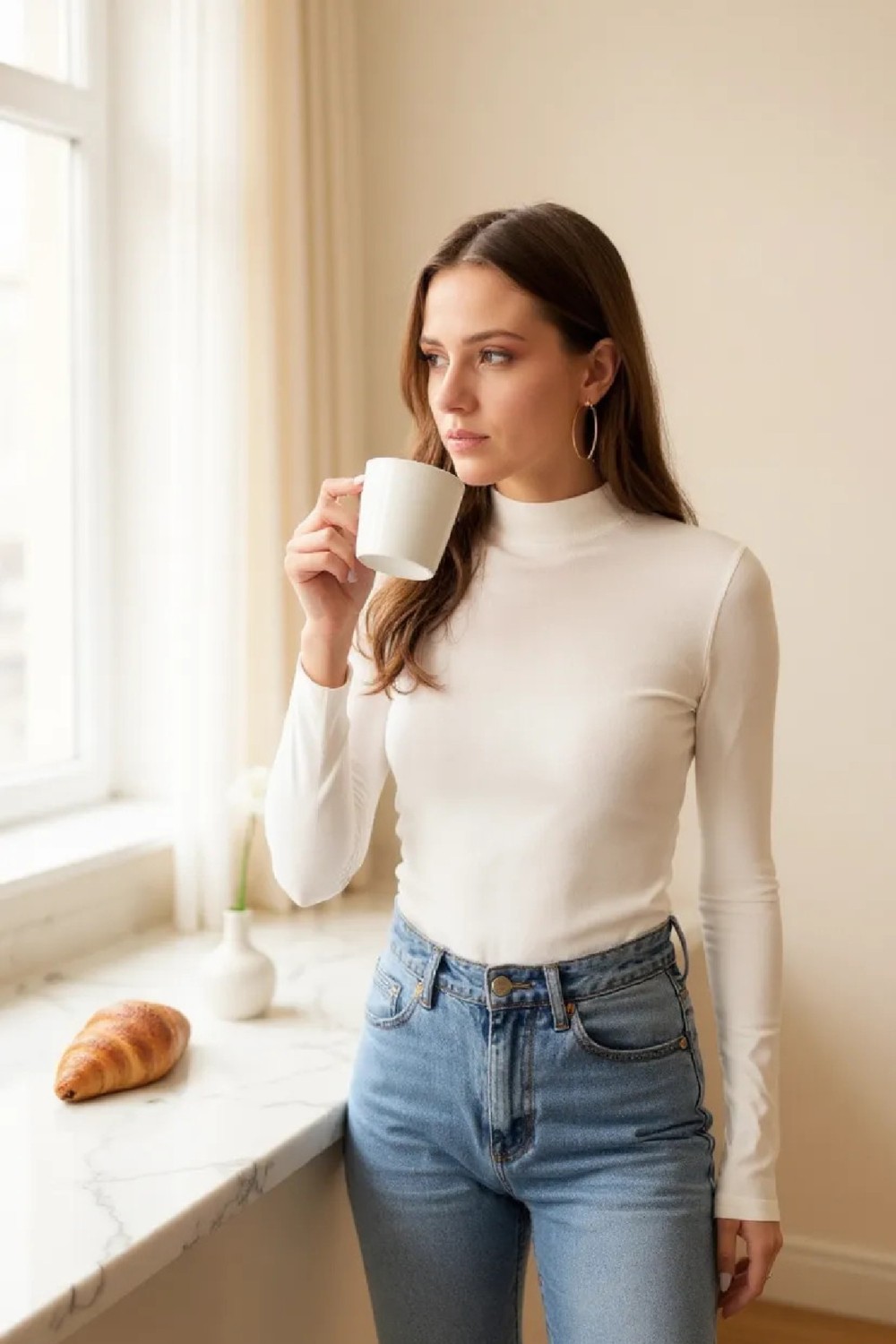 Veraura Lifestyle Kadın Beyaz Parmak Detaylı Esnek Uzun Kollu Body görsel 3