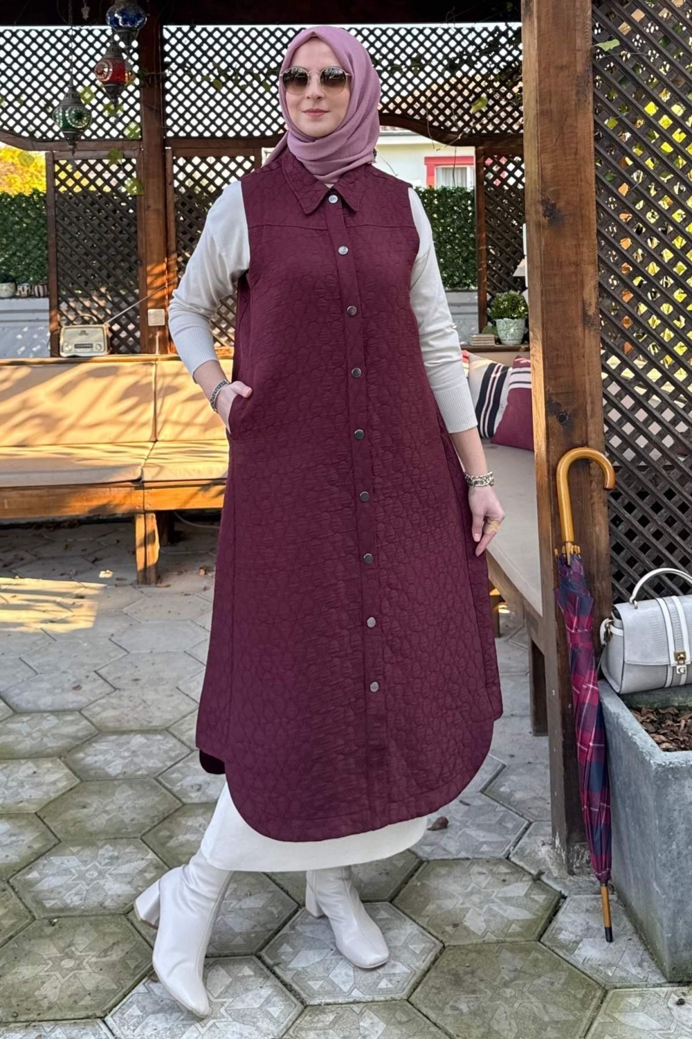Rabia Şamlı Safir Kapitone Yelek Bordo görsel 3