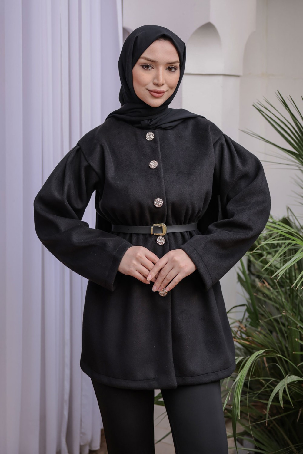 İmaj Butik Antrasit Bel Lastikli Kemerli Kaşe Çeket
