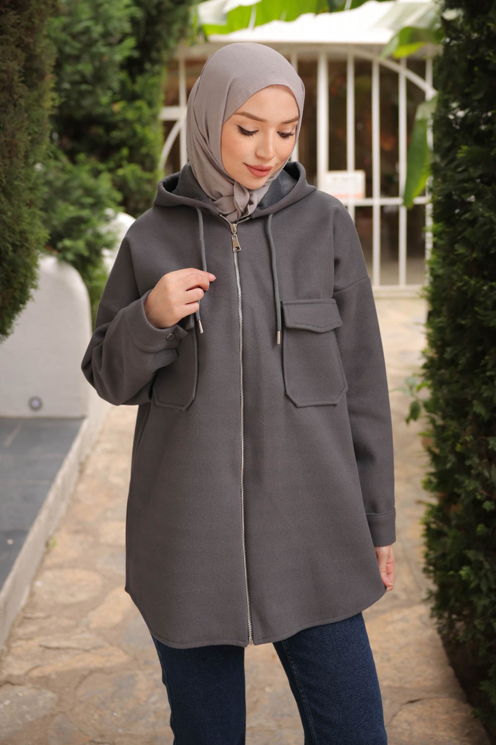İmaj Butik Vizon Kapşonlu Fermuarlı Kaşe Ceket