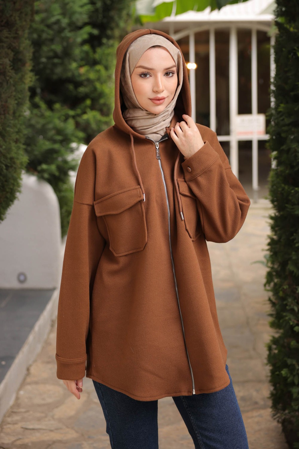İmaj Butik Vizon Kapşonlu Fermuarlı Kaşe Ceket görsel 5