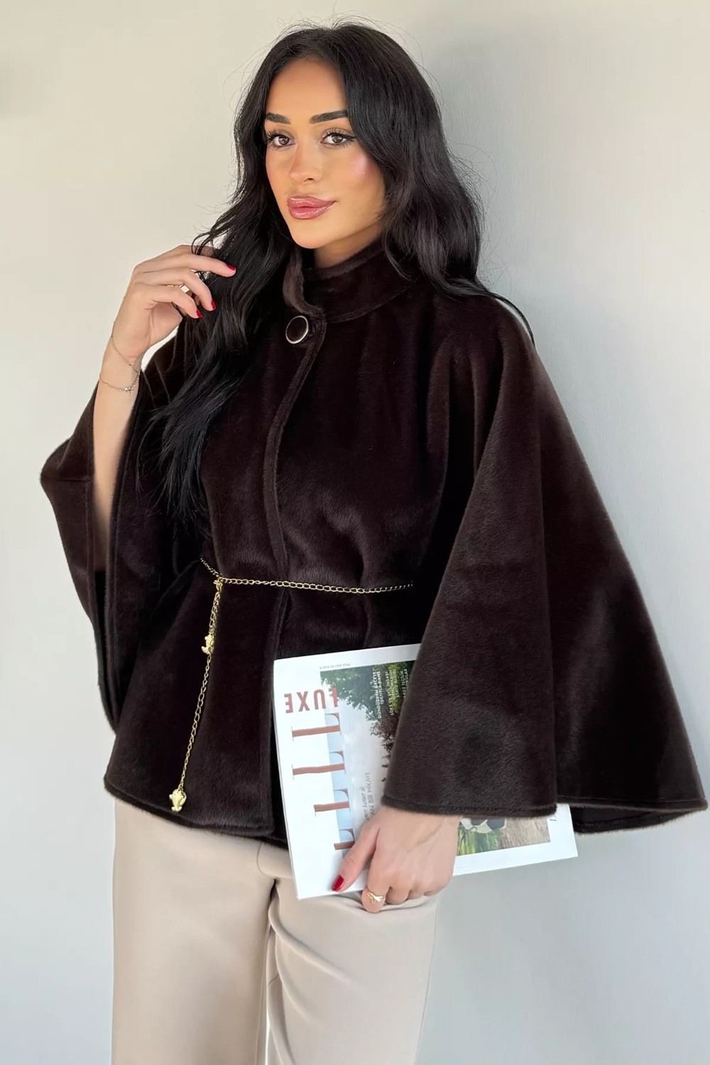 Tozlu Kadın Su Fırçalı Kaşe Panço P-00018375 görsel 6