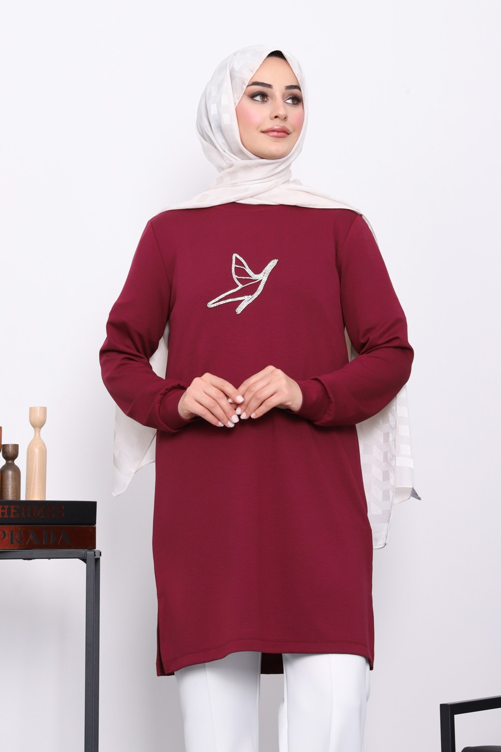 İmaj Butik Mürdüm Taş Baskılı Modal Tunik görsel 6