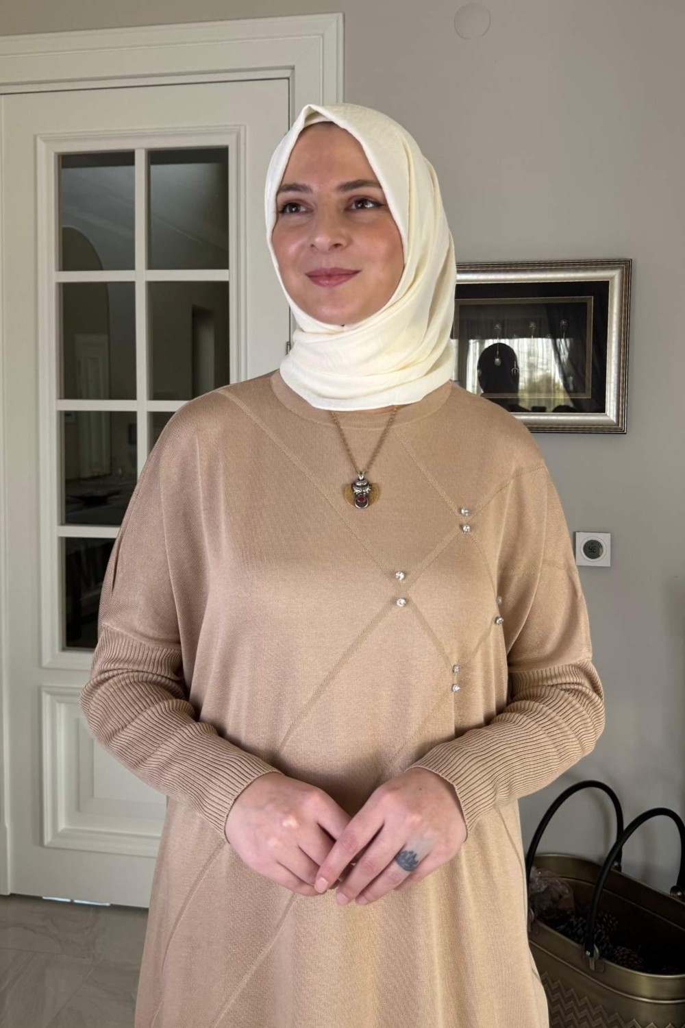 Rabia Şamlı Melda Triko Tunik Bej görsel 2