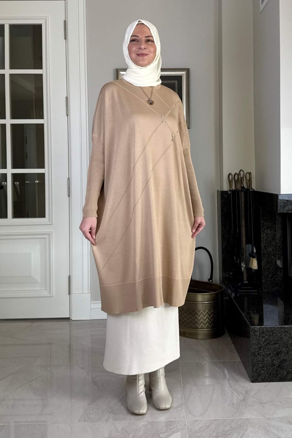 Rabia Şamlı Melda Triko Tunik Bej görsel 3