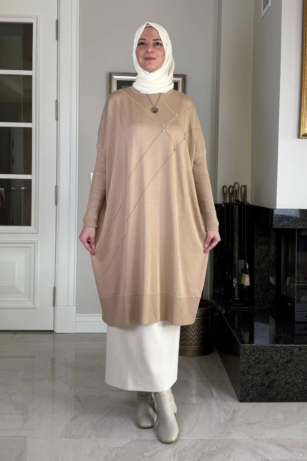 Rabia Şamlı Melda Triko Tunik Bej görsel 4