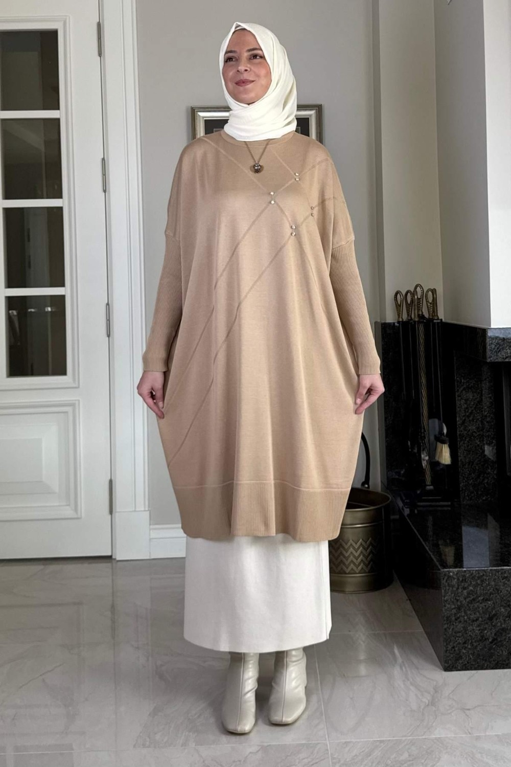Rabia Şamlı Melda Triko Tunik Bej görsel 6