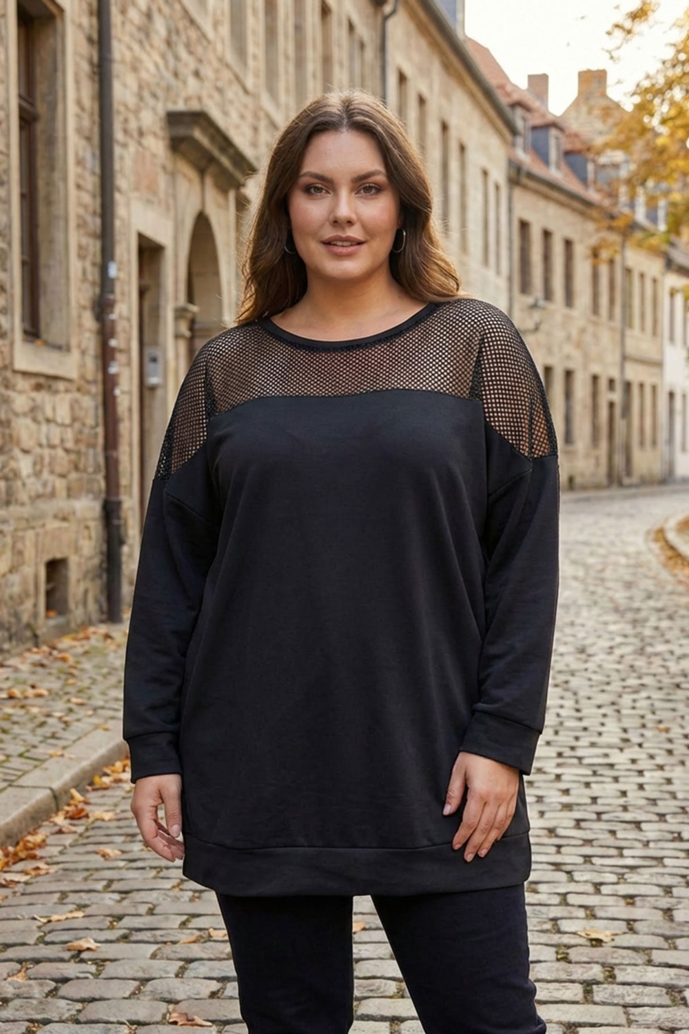 Stil Diva Büyük Beden Bisiklet Yaka Uzun Kollu Omzu File Detaylı Sweatshirt E11103
