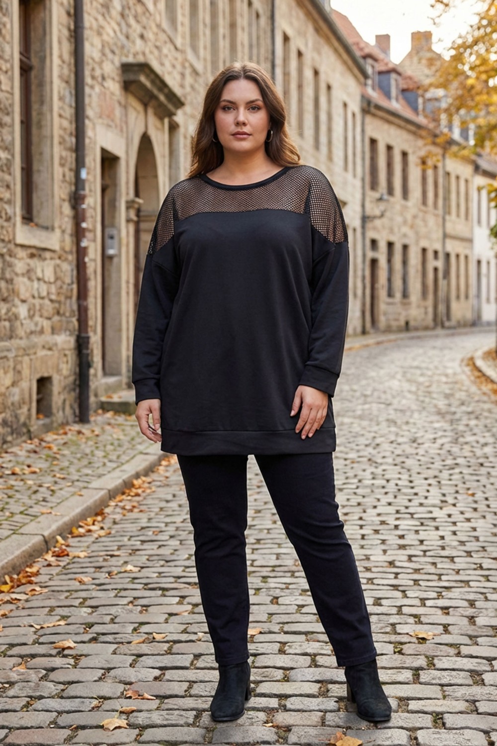 Stil Diva Büyük Beden Bisiklet Yaka Uzun Kollu Omzu File Detaylı Sweatshirt E11103 görsel 2