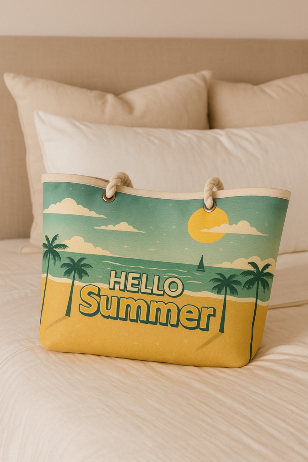 HomyJR's Hello Summer Büyük Boy Piknik ve Plaj Çantası, Halat Saplı, 55X36X15 cm