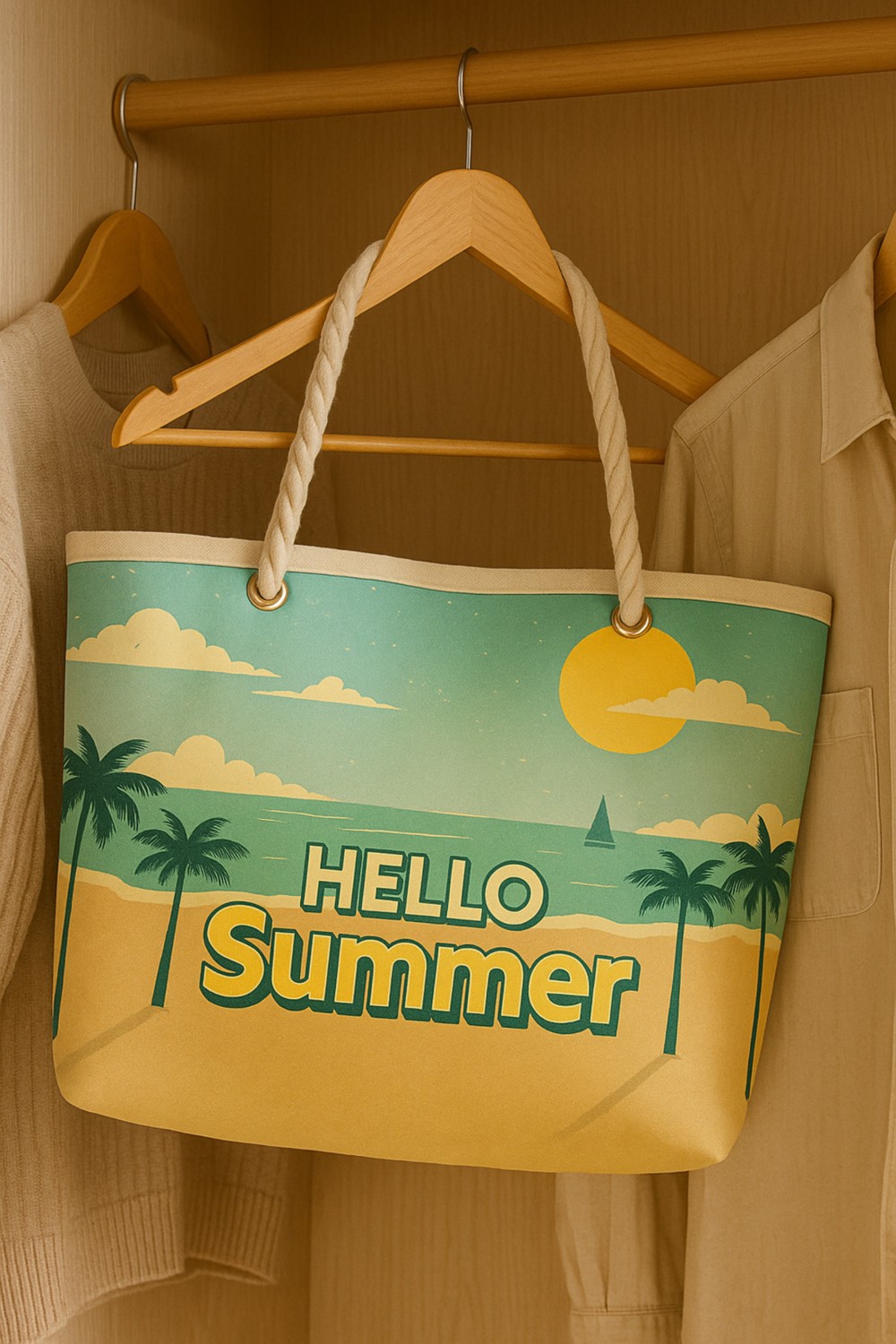 HomyJR's Hello Summer Büyük Boy Piknik ve Plaj Çantası, Halat Saplı, 55X36X15 cm görsel 2