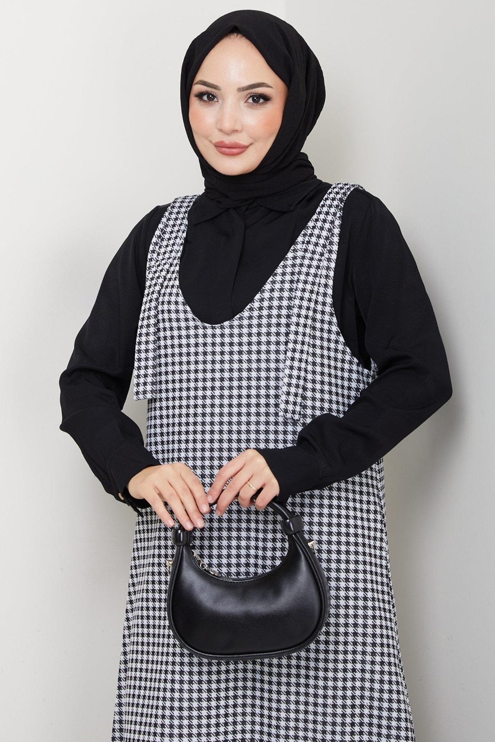 Kaz Ayağı Desen Jile Elbise Siyah HM2865 görsel 4