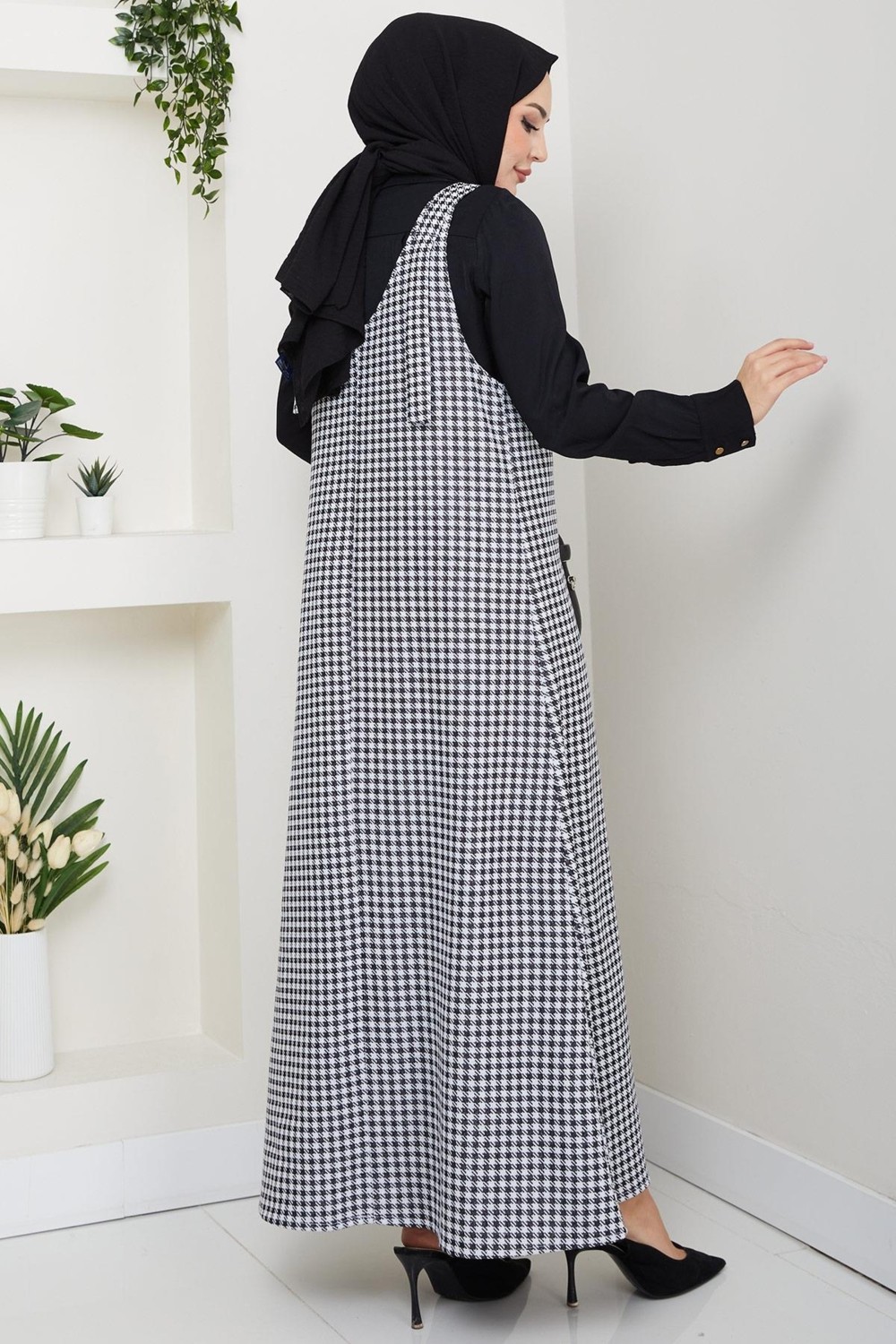 Kaz Ayağı Desen Jile Elbise Siyah HM2865 görsel 5