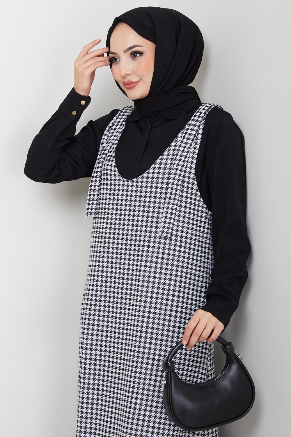 Kaz Ayağı Desen Jile Elbise Siyah HM2865 görsel 6