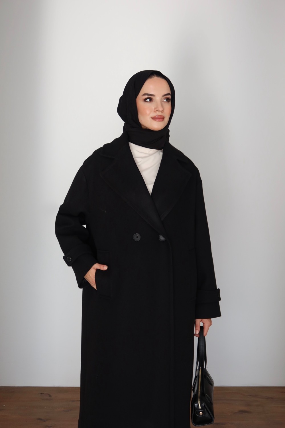 Esila Butik Düğme Detaylı Astarlı Premium Kadın Kaşe Kaban görsel 2