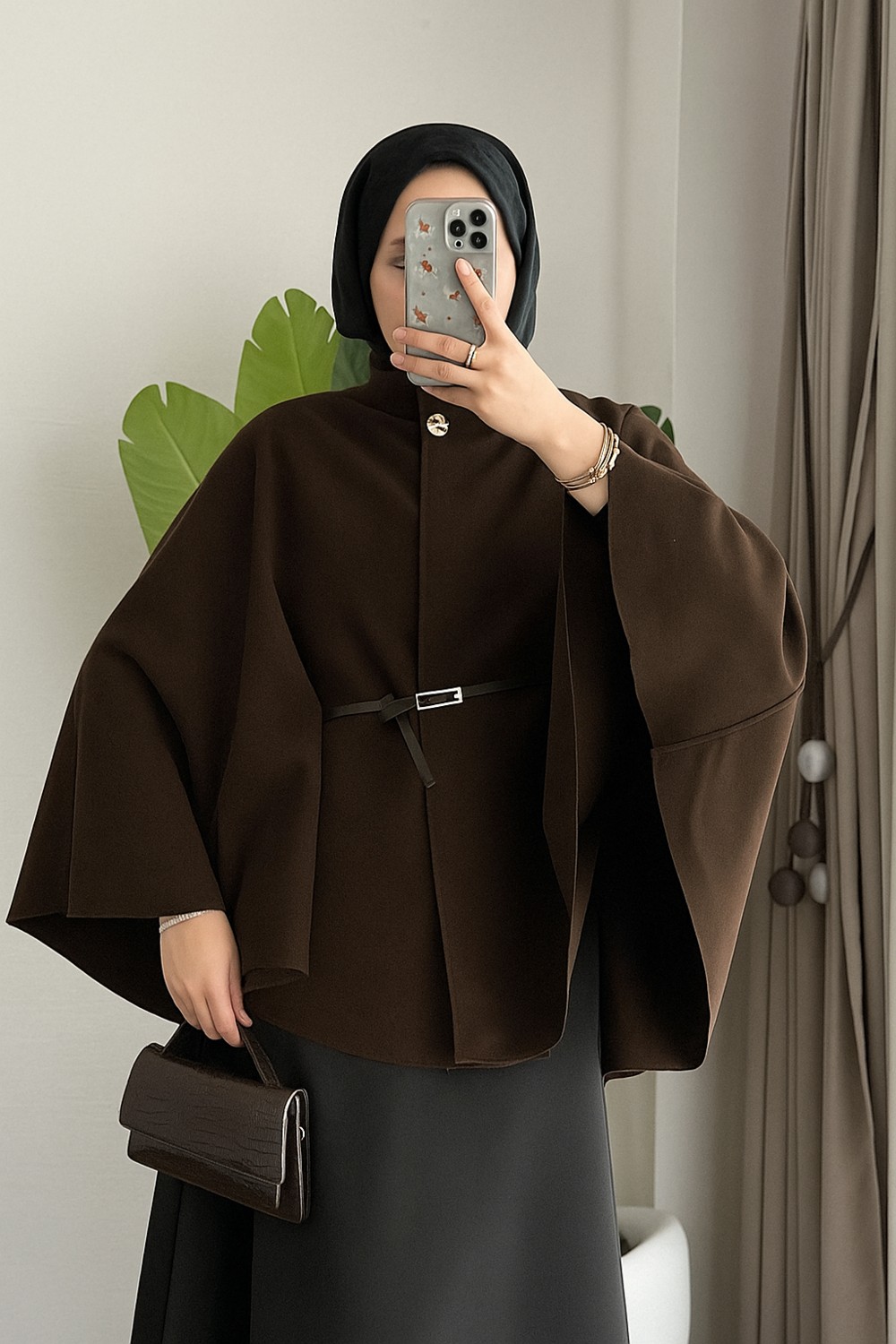 RFK Butik Kadın Oversize Kemerli Kaşe Panço - Gri görsel 6