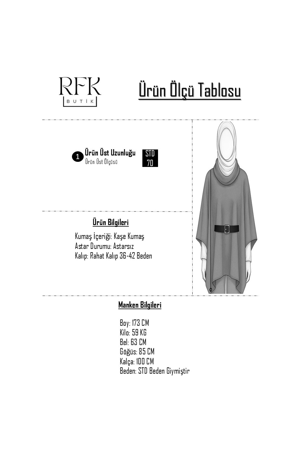 RFK Butik Kadın Oversize Kemerli Kaşe Panço - Gri görsel 7