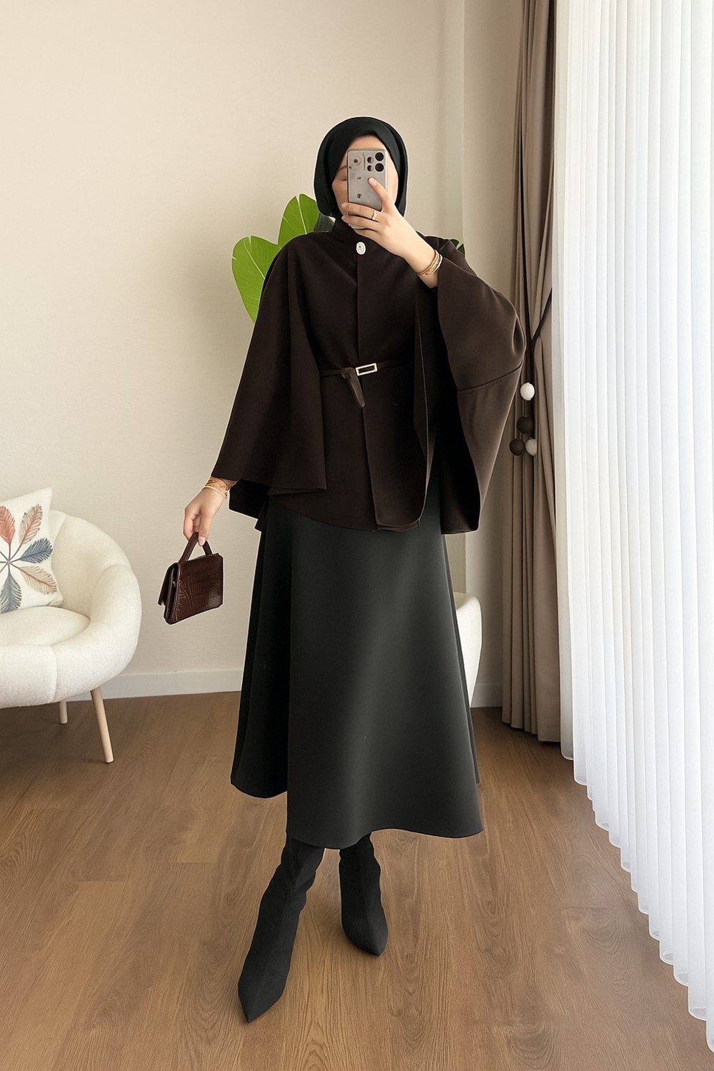 RFK Butik Kadın Oversize Kemerli Kaşe Panço - Gri görsel 8