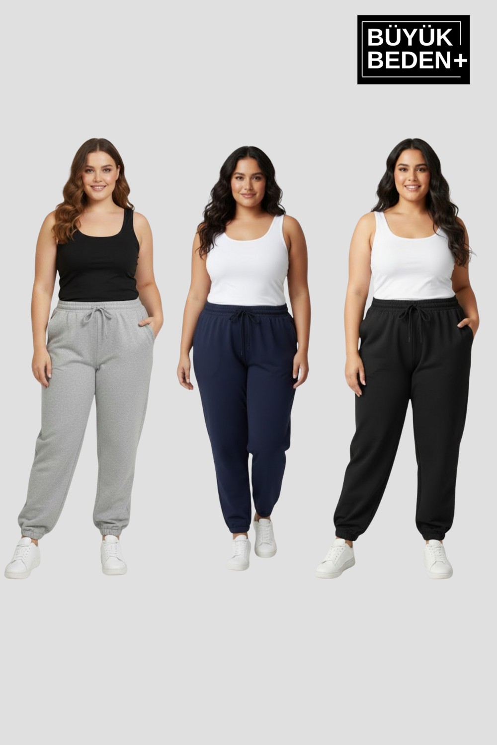 Superlife Kadın Büyük Beden Üçlü Jogger Paça Lastikli Ince Eşofman Altı Seti SPR26BEA951+3