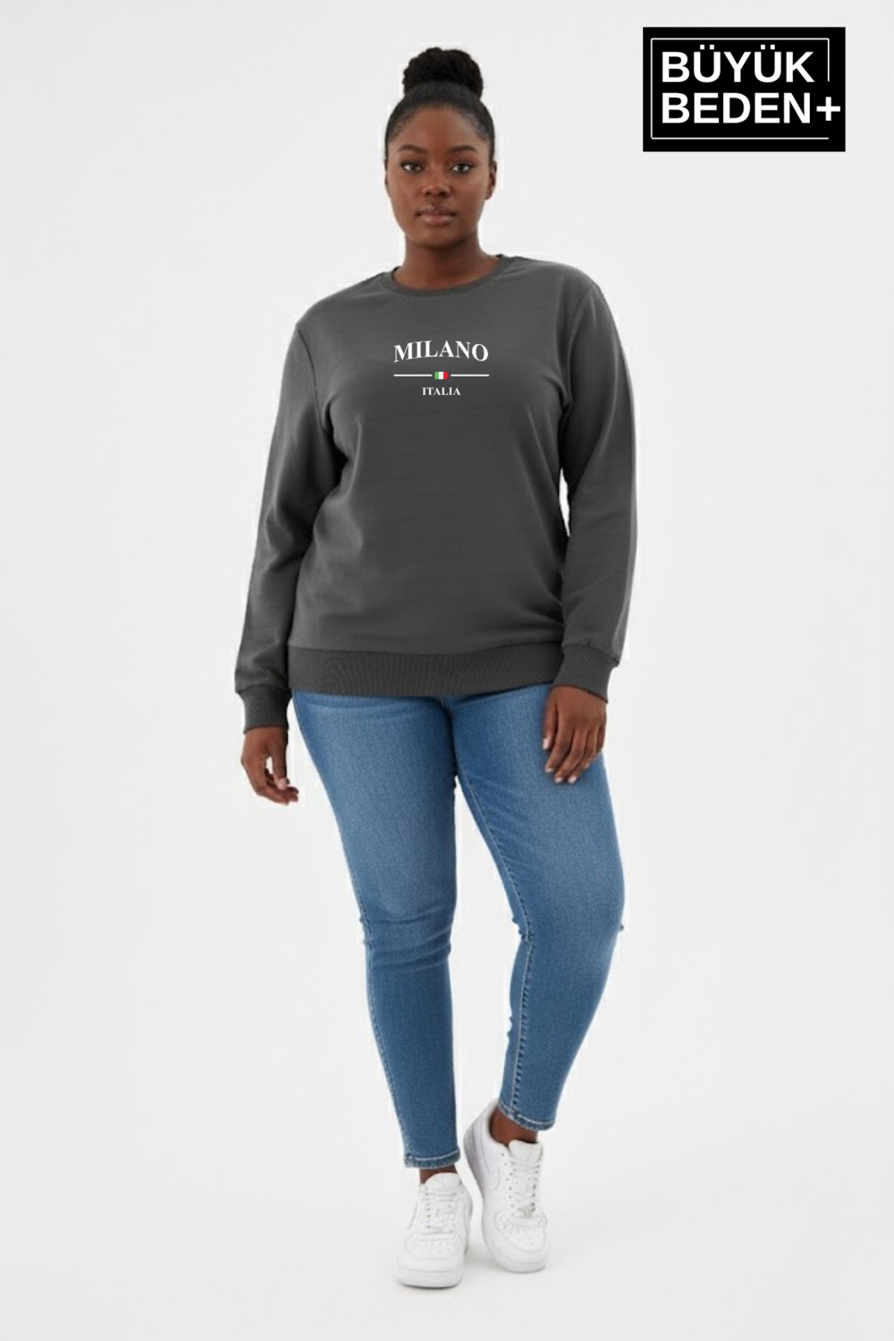 Superlife Kadın Büyük Beden Milano Italia Baskılı Bisiklet Yaka Ince Sweatshirt SPR26BSWK956-9