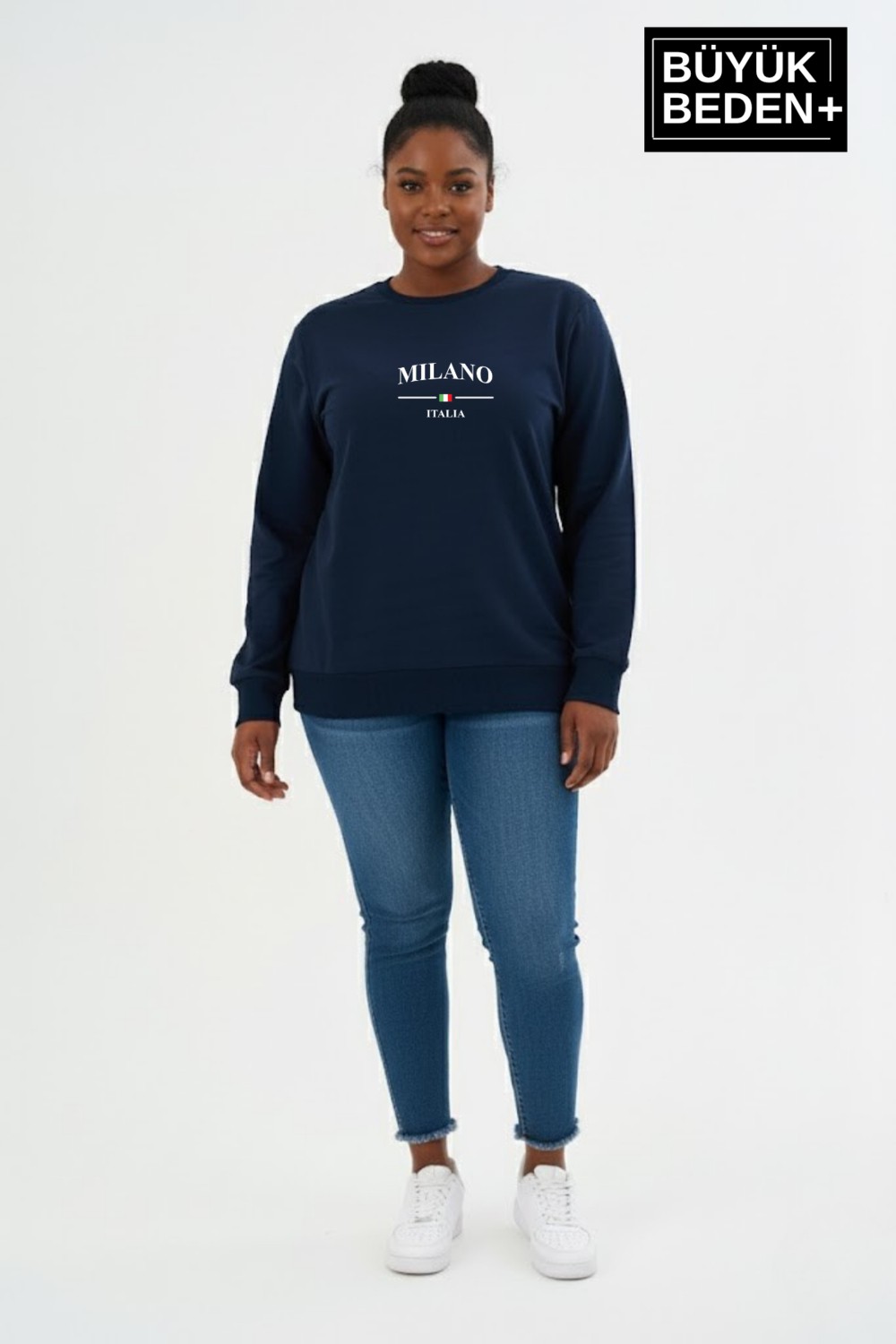 Superlife Kadın Büyük Beden Milano Italia Baskılı Bisiklet Yaka Ince Sweatshirt SPR26BSWK956-9