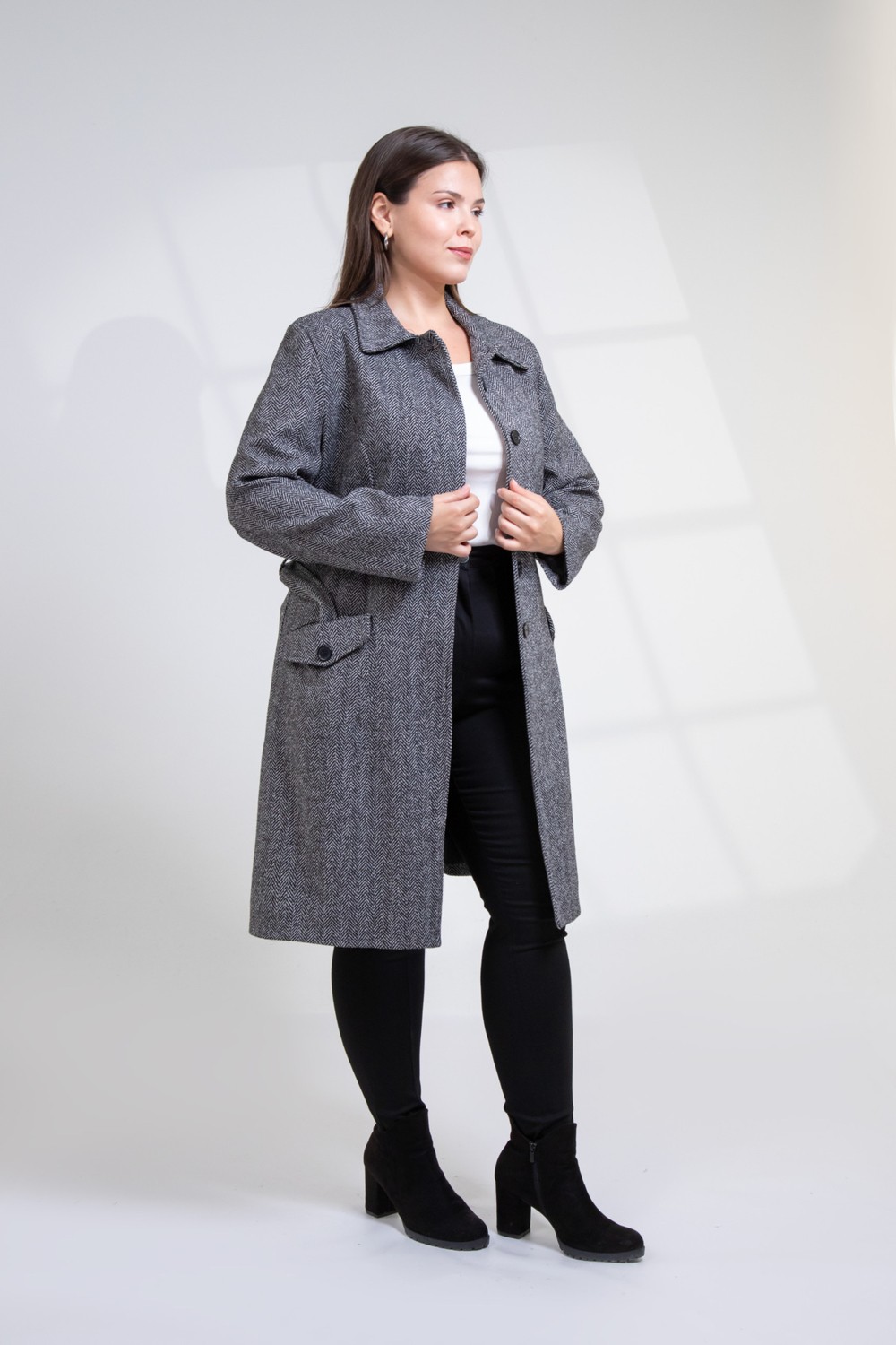 Roxxlen 132289 Kadın Büyük Beden Balıksırtı Kaban Siyah görsel 8