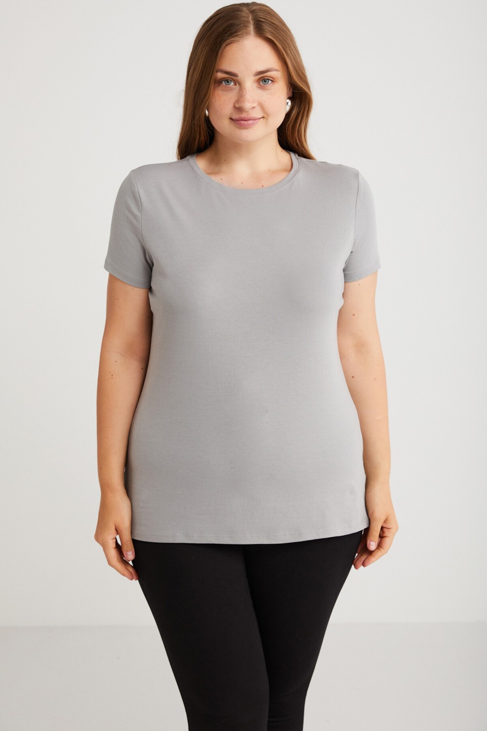 Ethiquet Mayra Kadın Slim Fit Dar Kalıp Bisiklet Yaka Basıc Mor Büyük Beden T-shirt görsel 8