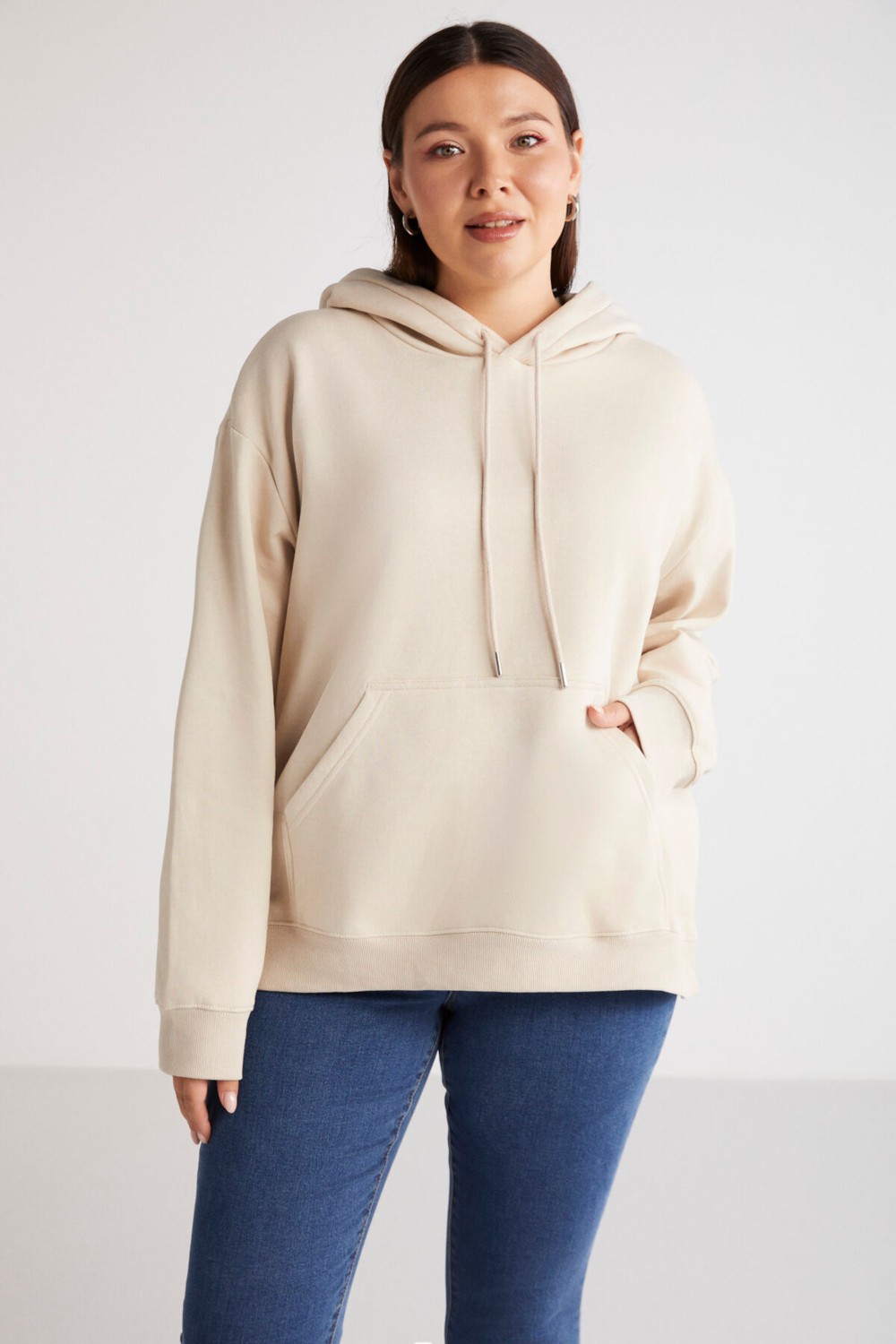 Ethiquet Terezabb Kadın İçi Polarlı Yumuşacık Comfort Fit Kapüşonlu Kanguru Cep Yeşil Büyük Beden Sweatshirt