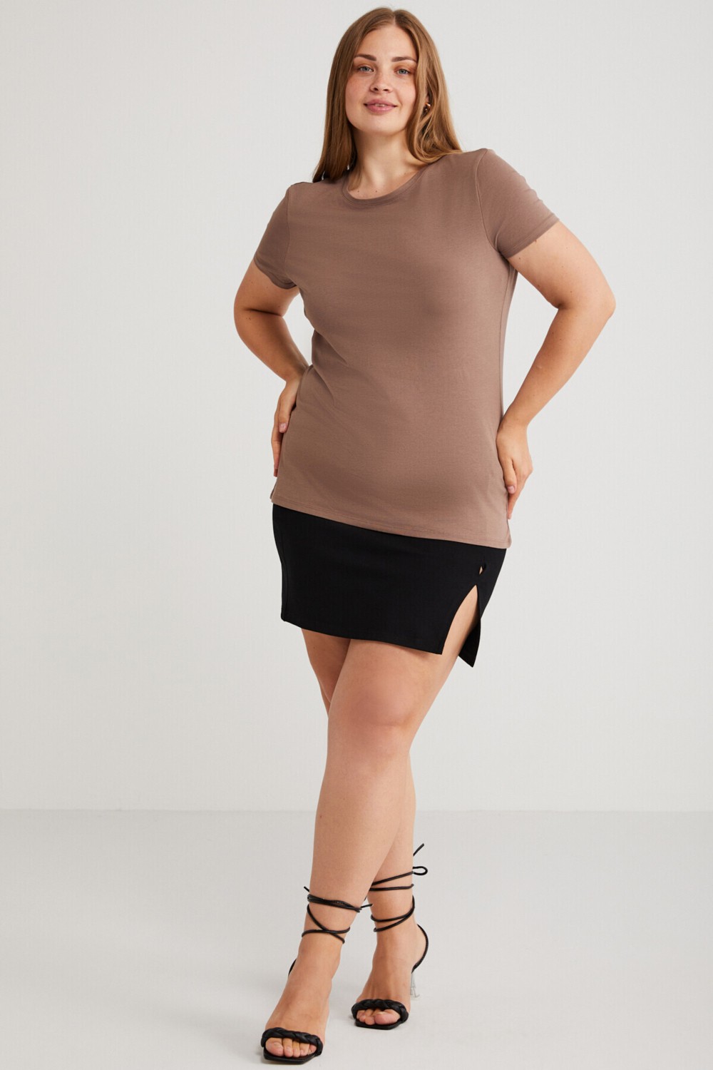 Ethiquet Mayra Kadın Slim Fit Dar Kalıp Bisiklet Yaka Basıc Mor Büyük Beden T-shirt