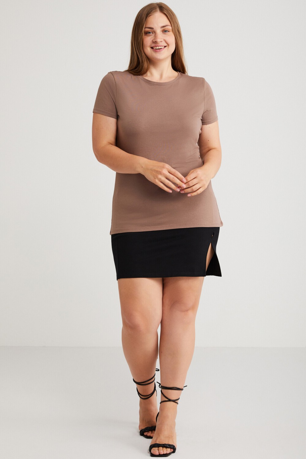 Ethiquet Mayra Kadın Slim Fit Dar Kalıp Bisiklet Yaka Basıc Mor Büyük Beden T-shirt görsel 2