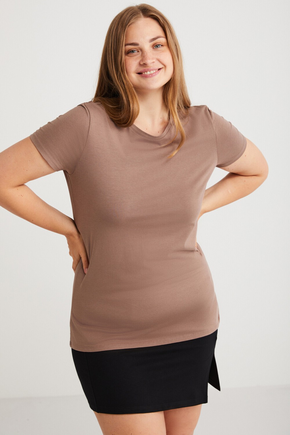 Ethiquet Mayra Kadın Slim Fit Dar Kalıp Bisiklet Yaka Basıc Mor Büyük Beden T-shirt görsel 3