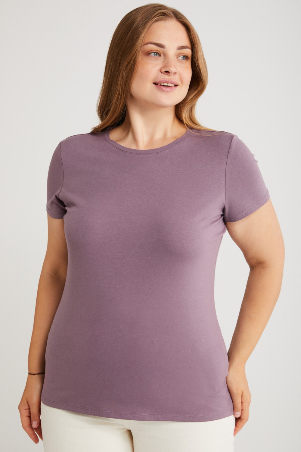 Ethiquet Mayra Kadın Slim Fit Dar Kalıp Bisiklet Yaka Basıc Mor Büyük Beden T-shirt