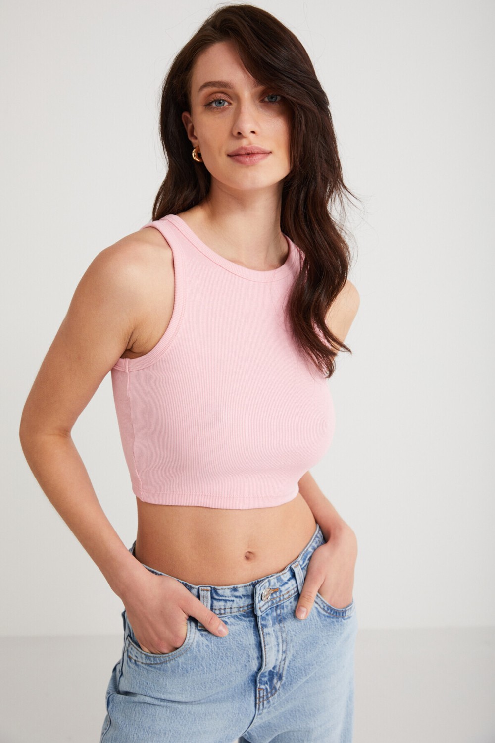 Ethiquet Joyce Kadın Slim Fit Dar Kalıp Sıfır Kol Bisiklet Yaka Örme Crop Mavi Atlet görsel 8