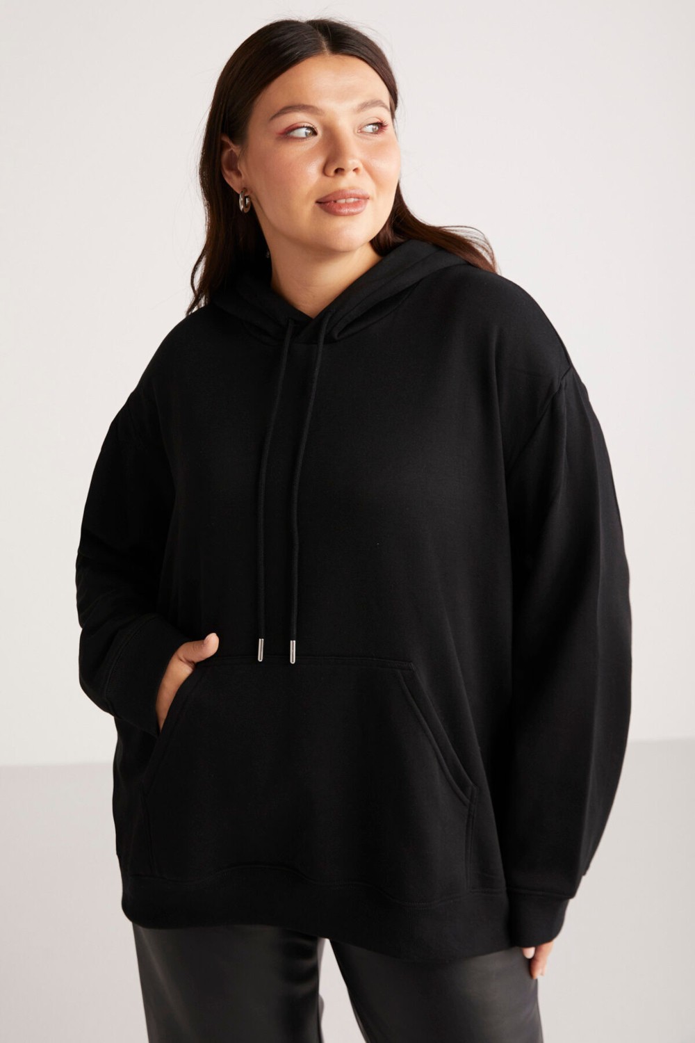 Ethiquet Terezabb Kadın İçi Polarlı Yumuşacık Comfort Fit Kapüşonlu Kanguru Cep Yeşil Büyük Beden Sweatshirt