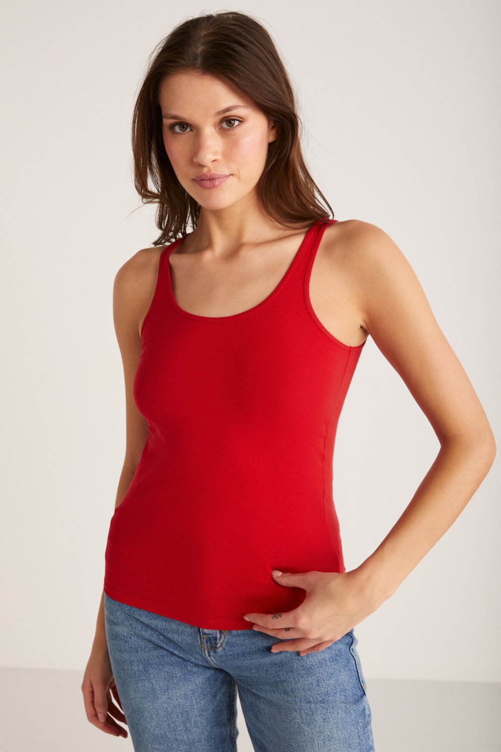 Ethiquet Jayla Kadın Pamuklu Slim Fit Dar Kesim Kalın Askılı Oyuk Yaka Örme Mint Yeşil Atlet görsel 3