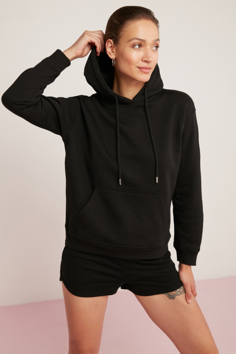 Ethiquet Abelia Kadın Içi Polarlı Yumuşacık Kalın Kumaşlı Kapüşonlu Comfort Fit Siyah Sweatshirt görsel 2