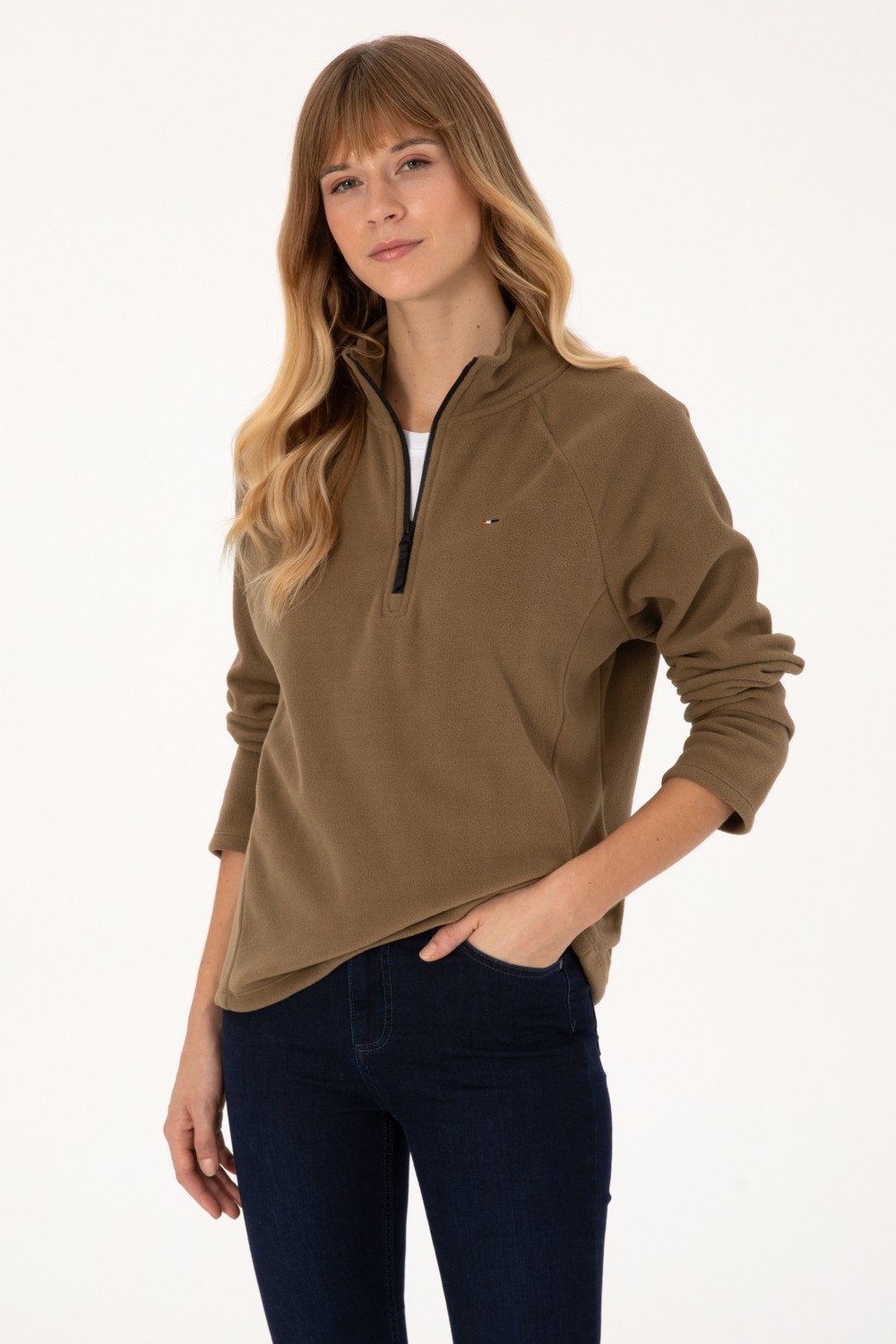 U.S. Polo Assn. Kadın Kiremit Fermuarlı Dik Yaka Polar Sweatshirt 50316714-VR026