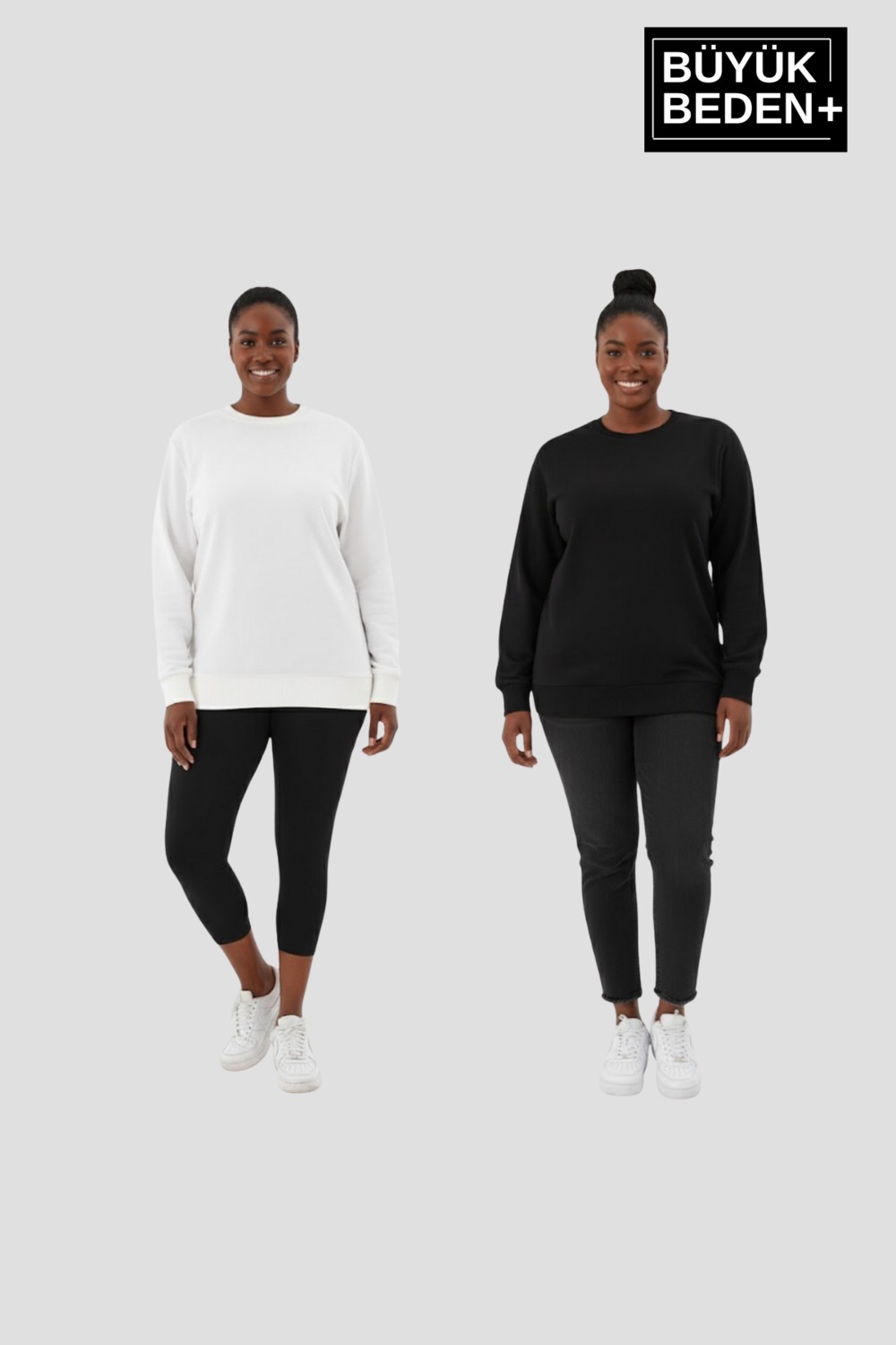 Superlife Kadın Büyük Beden Bisiklet Yaka 2’li Set-Rahat Kalıp Ince Sweatshirt SPR26BSWK956+2