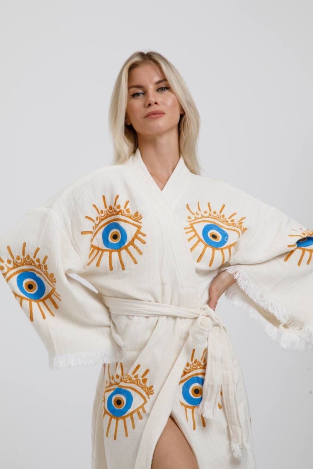 Befera Design Müslin Kimono %100 Pamuklu Göz Baskılı Desenli Bornoz Kaftan Sabahlık