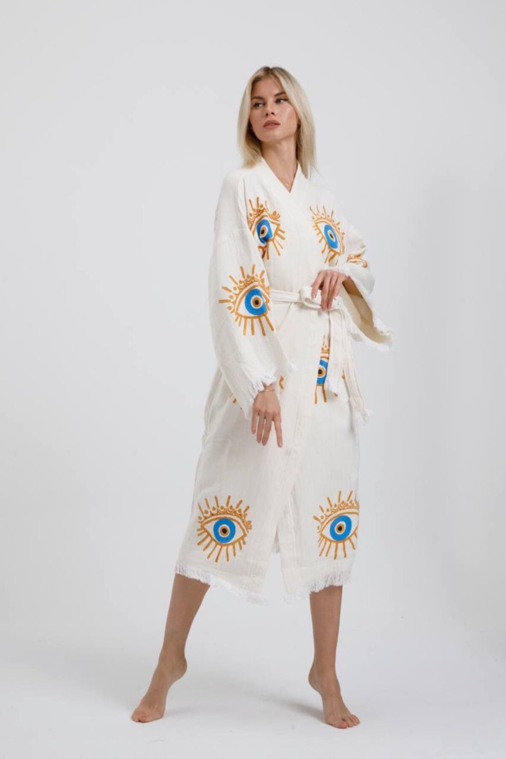 Befera Design Müslin Kimono %100 Pamuklu Göz Baskılı Desenli Bornoz Kaftan Sabahlık görsel 2