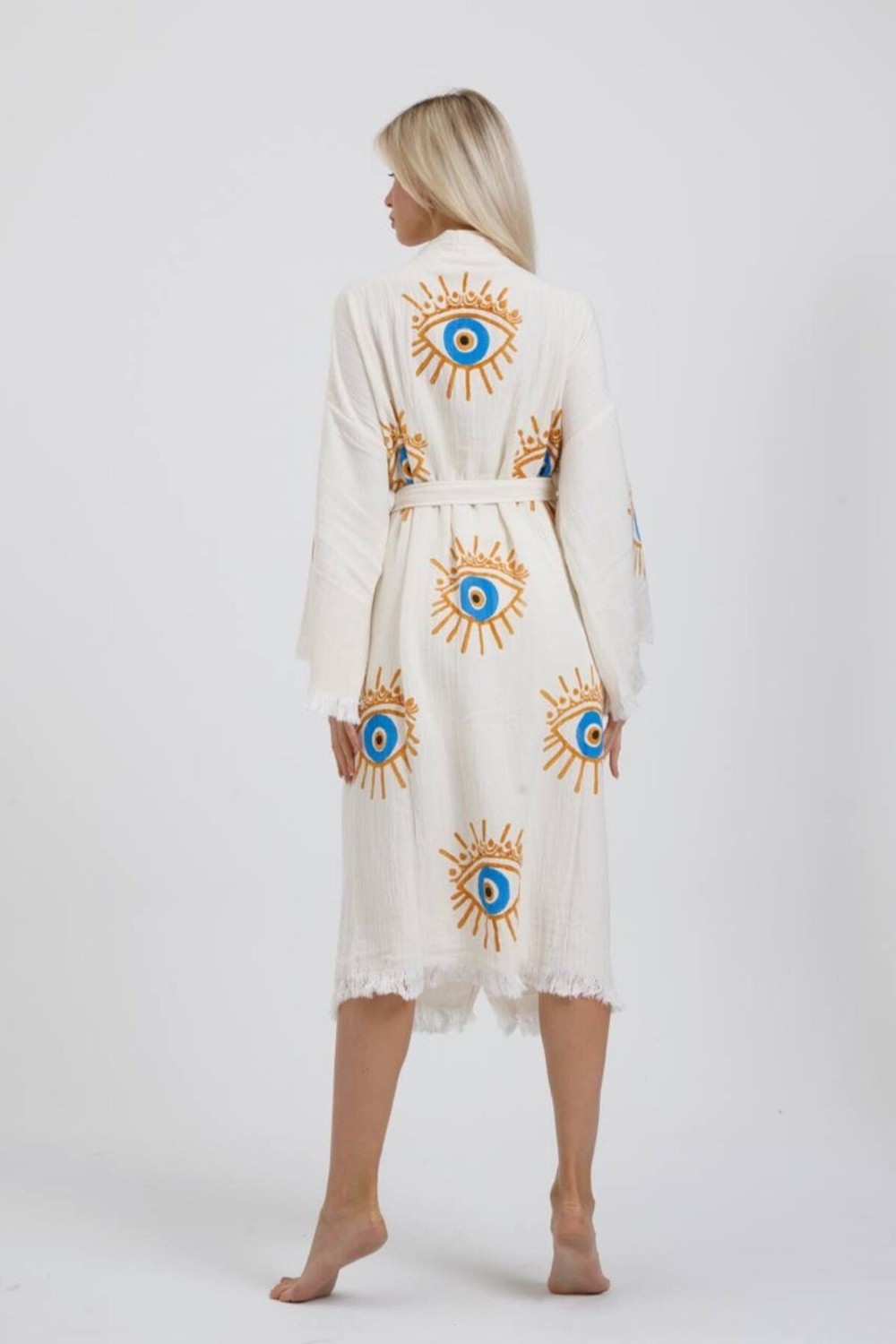 Befera Design Müslin Kimono %100 Pamuklu Göz Baskılı Desenli Bornoz Kaftan Sabahlık görsel 3