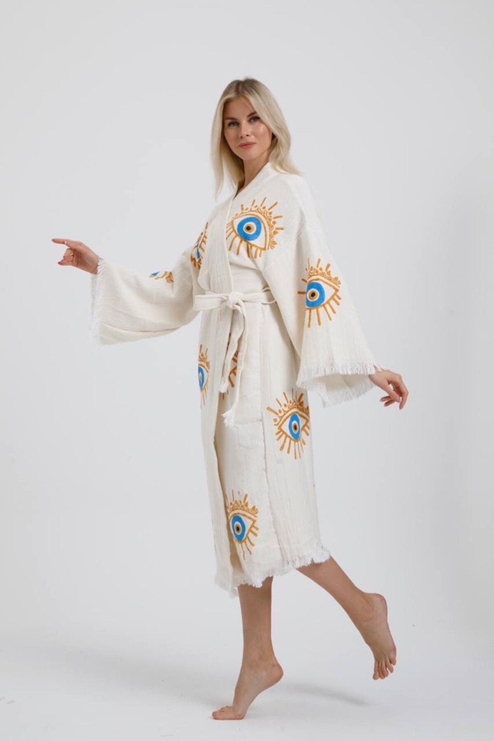 Befera Design Müslin Kimono %100 Pamuklu Göz Baskılı Desenli Bornoz Kaftan Sabahlık görsel 4