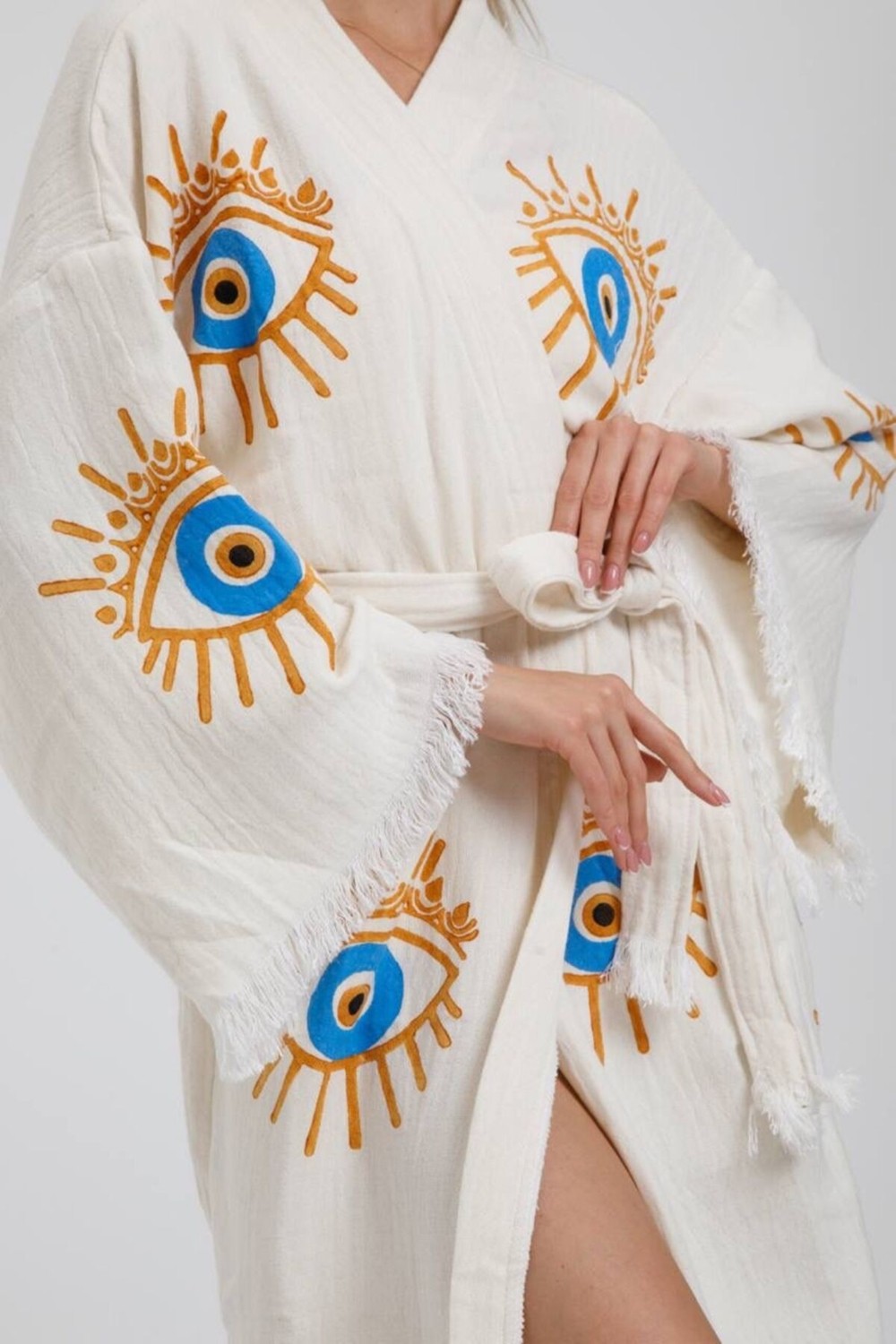 Befera Design Müslin Kimono %100 Pamuklu Göz Baskılı Desenli Bornoz Kaftan Sabahlık görsel 5