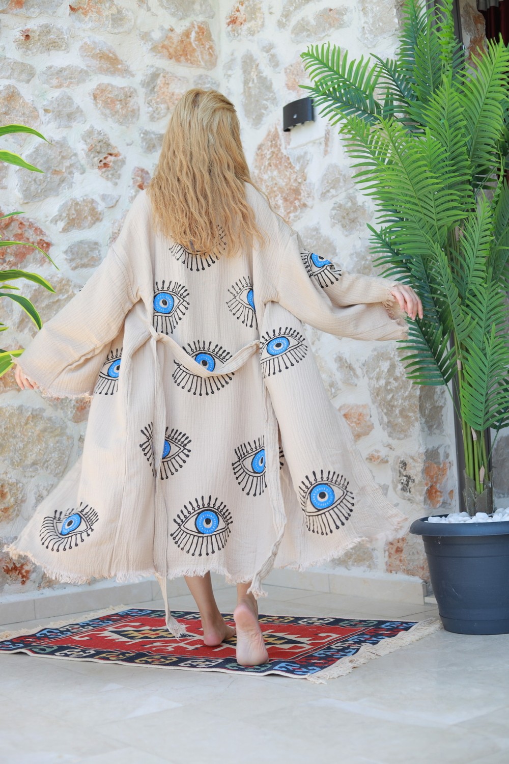 Befera Design Müslin Kimono %100 Pamuklu Göz Baskılı Desenli Bornoz Kaftan Sabahlık