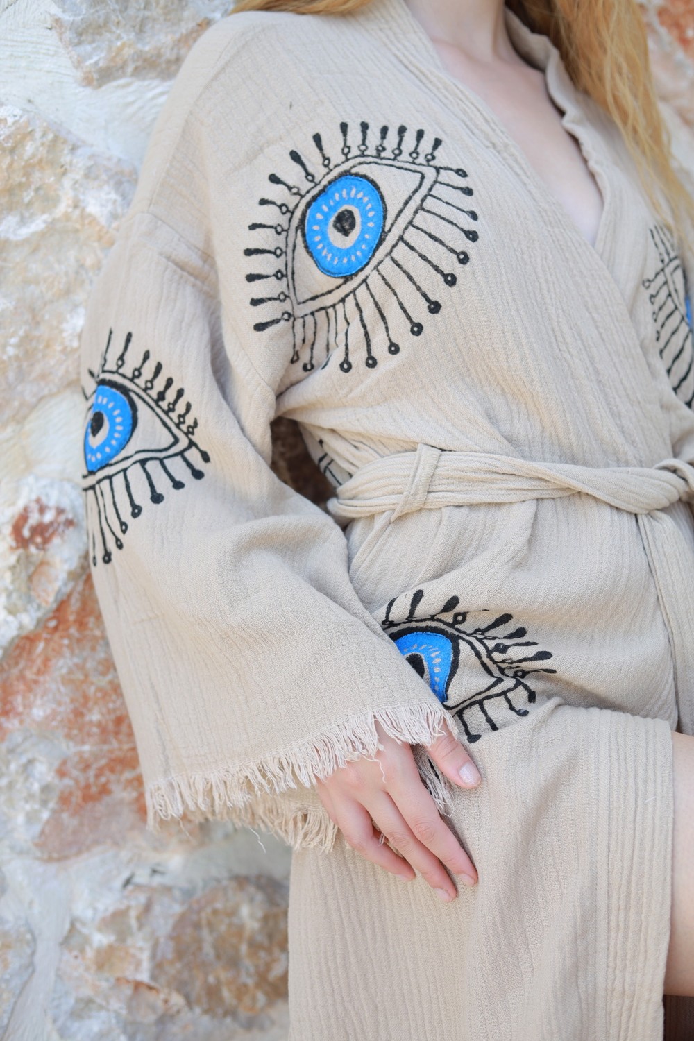 Befera Design Müslin Kimono %100 Pamuklu Göz Baskılı Desenli Bornoz Kaftan Sabahlık görsel 6