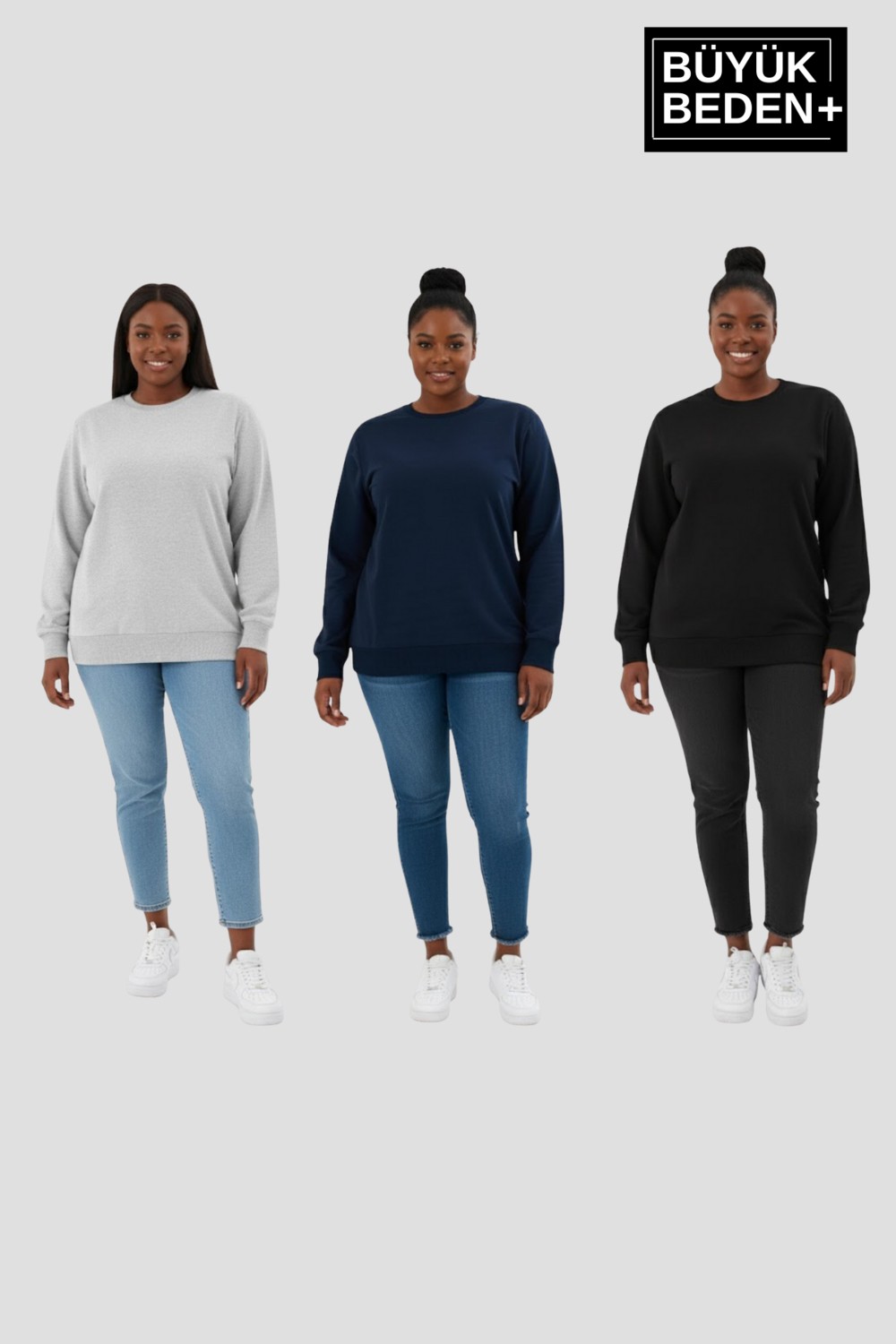 Superlife Kadın Büyük Beden Ikili Bisiklet Yaka 3'lü Set -Rahat Kalıp Ince Sweatshirt SPR26BSW956+3